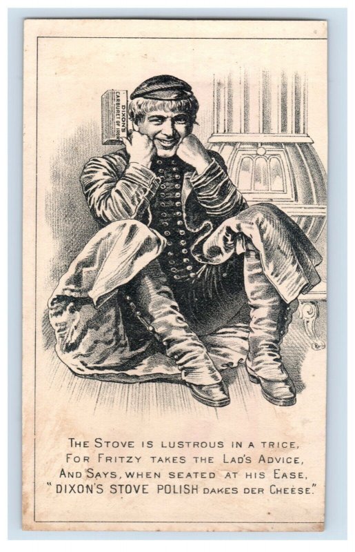 1884 2 Part Folder Card Dixon's Stove Polish Comical Man & Child F136