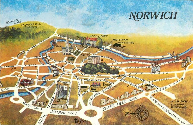 Norwich city centre map postcard