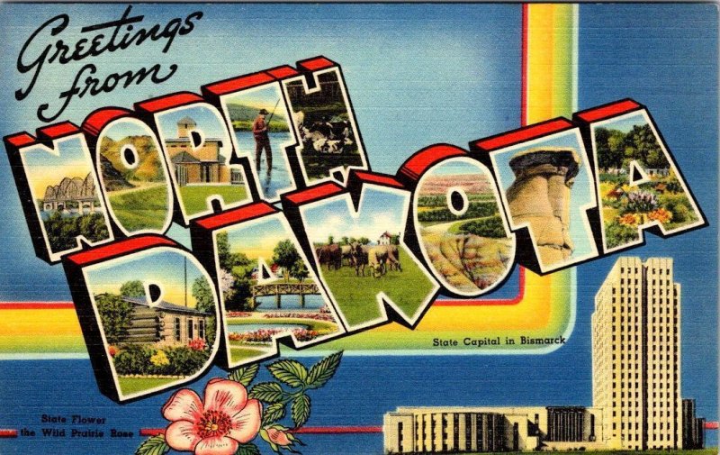 2~ca1940s Postcards ND~NORTH DAKOTA LARGE LETTER LINEN Greetings BUFFALO~CAPITOL