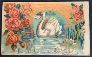 Postcard Used “Birthday Greetings” embossed Swan No stamp but PM LB