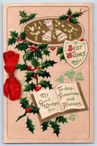 Christmas Postcard Holly Berries Book Mistletoe Ringing Bells Embossed c1910's