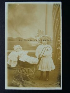 Studio Portrait SHIPLEY Little Girl with Dolly in Perambulator c1905 RP Postcard