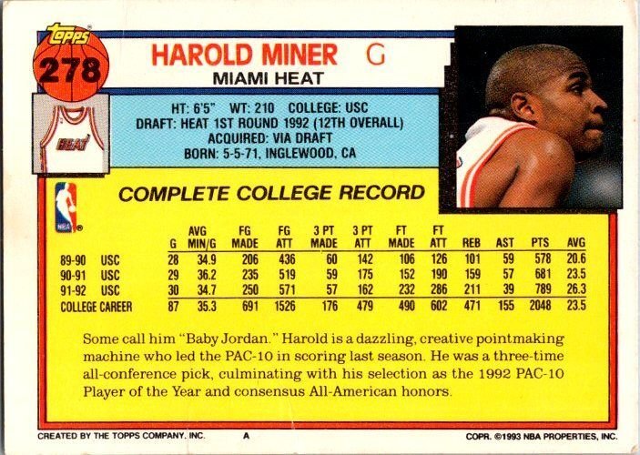1993 NBA Basketball Card Harold Miner Miami Heat sk20229