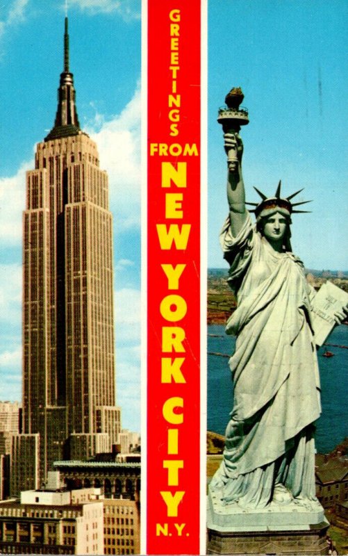 New York City Greetings Split View Showing Statue Of Liberty and Empire State...