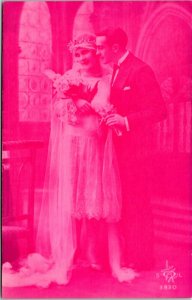 Postcard Romance Wedding Couple Bride Groom Pink Tint Photo France