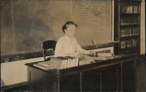 School Teacher Desk Books Chalkboard Nice Image Real Photo Postcard c1910