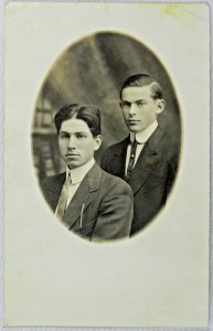 1920's Two Young Men Suit & Tie Stand Together for Portraits - Vintage Postcard