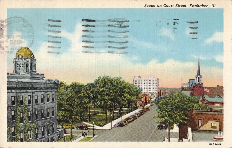c.1950 Parked Cars on Court Street Kankakee Illinois Postcard 2R4-299 