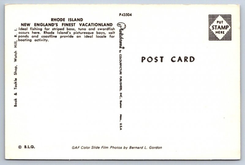 Greetings From Rhode Island, Fishing Scene, Sailboats, Splitview Postcard