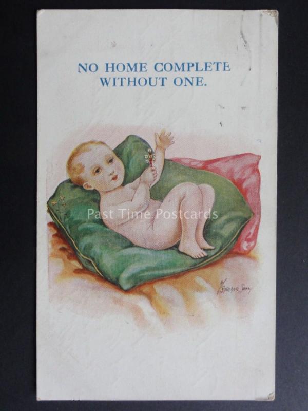 W.Stocker Shaw: Baby on Cushion NO HOME COMPLETE WITHOUT ONE..c1920