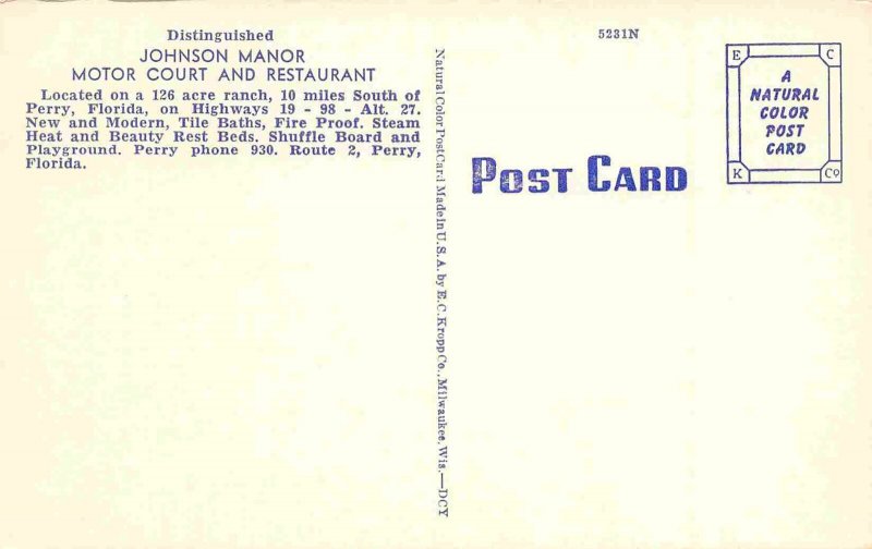 Johnson Manor Motel Perry Florida linen postcard