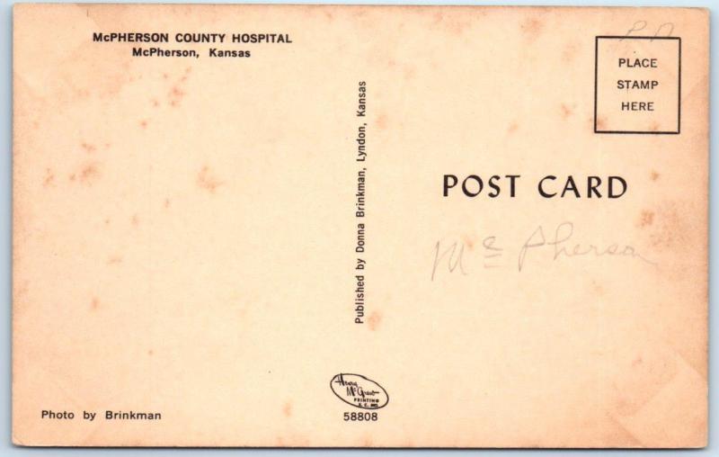 McPHERSON, Kansas  KS    McPHERSON COUNTY HOSPITAL 1960s Cars~VW Bug Postcard