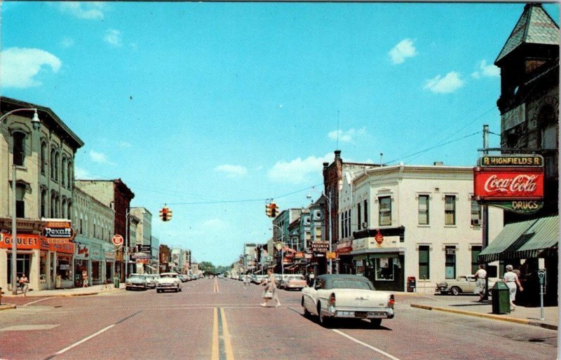 Greenville, MI Michigan STREET SCENE Drug Stores~Coke Sign~50's Cars  Postcard