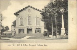 Holliston MA Town Hall & Soldiers Monument c1910 Postcard