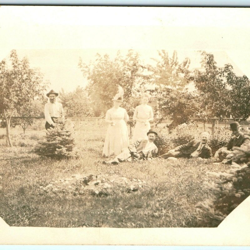 c1930s Grown Men Laying in Grass Park RPPC Real Photo Yard Octagon Frame A22