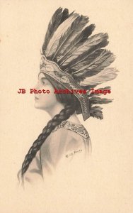 Native American Indian Woman with Head Dress, Sepia, C.E. Perry