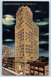 Charlotte North Carolina NC Postcard Liberty Life Building Night c1940 Vintage