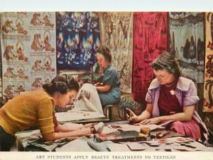 c1940 Postcard Women Artists doing Hand Work on Fabric Textile Designs unposted