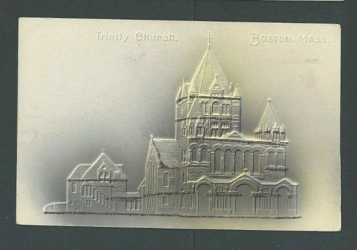 Ca 1904 Post CardBoston MA Trinity Church Grayish Airbrushed Embossed W/Tinsel