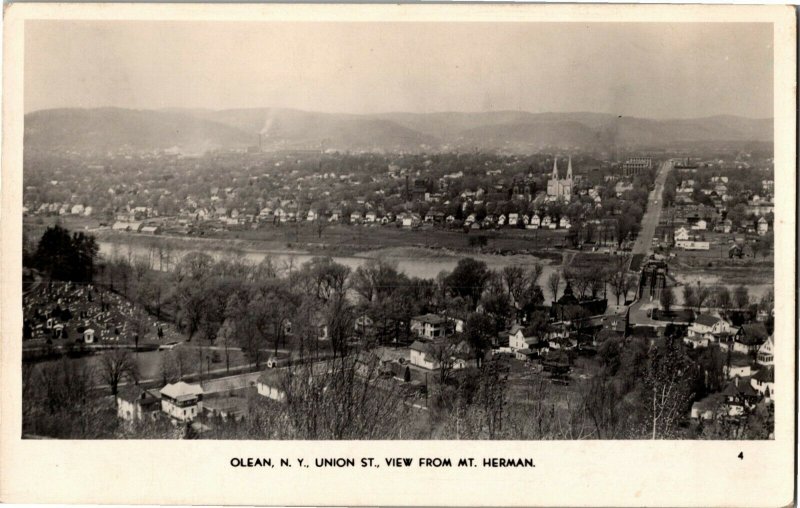 RPPC Aerial View from Mt. Herman, Olean NY Union St. c1951 Vintage Postcard S38