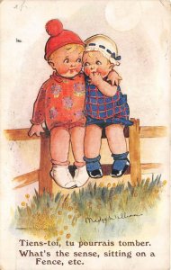 Lot268 boy and girl standing on a fence france children comic postcard