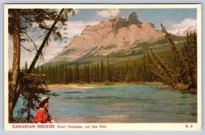 Mount Eisenhower, Bow River, Banff National Park AB, Vintage 1956 Linen Postcard