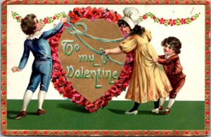 Children Wrap Heart with Ribbon, To My Valentine Tuck 11 Floral Postcard Z13