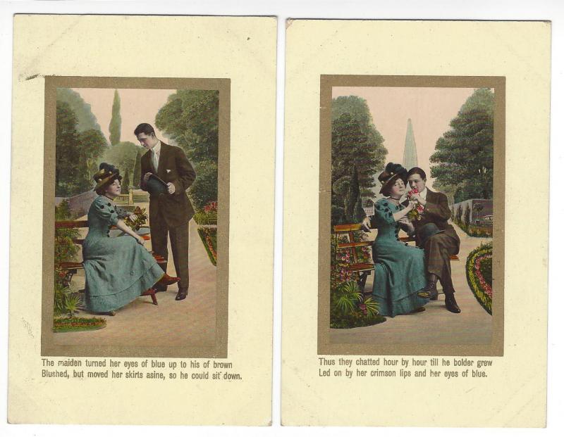 6 vintage cards. Theodor Eismann series 3035. Progress of a romance in the park