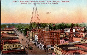 Santa Clara Street Electric Tower San Jose California CA Postcard Airplane JP13