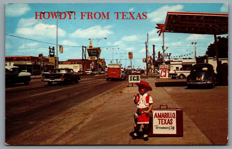 Postcard Amarillo TX c1960s Howdy! From Texas Street View Gas Station Route 66