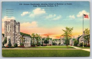 Durham NC~Duke University~Science Quadrangle~USA Flag~Gothic~Linen 1941 Postcard