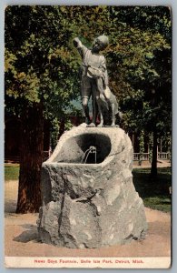 Postcard Detroit MI c1908 Belle Isle Park News Boys Fountain Boy with Dog Statue