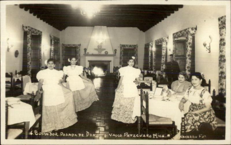 Patzcuaro Mich Mexico Restaurant Interior Waitresses Real Photo Postcard