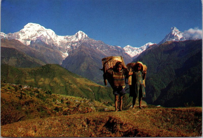 VINTAGE CONTINENTAL SIZE POSTCARD TWO CHILDREN ANNAPURNA & MACHAPUCHRE NEPAL