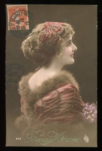 Bonne Annee. Woman in fur collared gown. Oliviery tinted real photo postcard