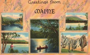 Vintage Postcard 1951 Moonlight Boating River Lake Fishing Greetings From Maine