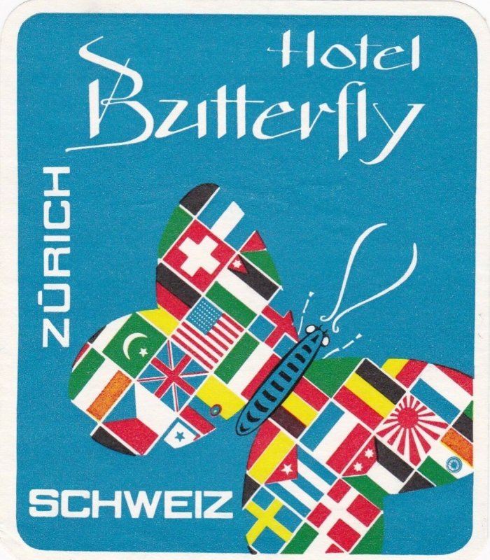 Switzerland Zurich Hotel Butterfly Vintage Luggage Label sk4211