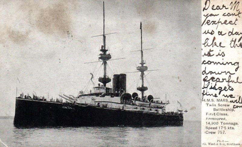 Postcard Royal Navy Battleship HMS Mars Photo - c1903
