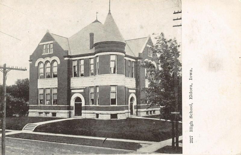 Eldora Iowa~Little Old High School w/Corner Tower~Utility Poles~c1907 Image B&W