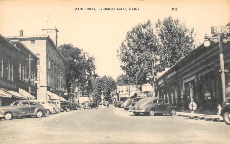 Main Street LIVERMORE FALLS, MAINE Androscoggin County ca 1940s Vintage Postcard