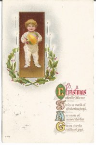 Little Boy in Pajamas with Ball Framed with Holly Leaves and Holly Berries Vinta