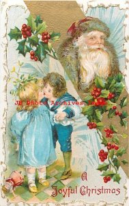Christmas, Unknown No UP10-4, Red Cap Santa Watching Two Children Kissing