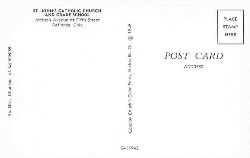 Defiance OH St John's Catholic Church & School Old Cars Postcard