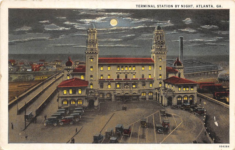 Atlanta Georgia 1930s Postcard Railroad Terminal by Night