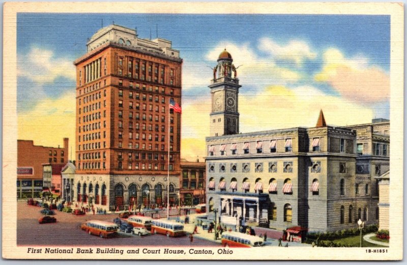 VINTAGE POSTCARD FIRST NATIONAL BANK BUILDING AND COURT HOUSE AT CANTON OHIO