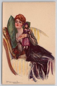 Beautiful Woman with Doll Artist Signed Bompard Postcard G28