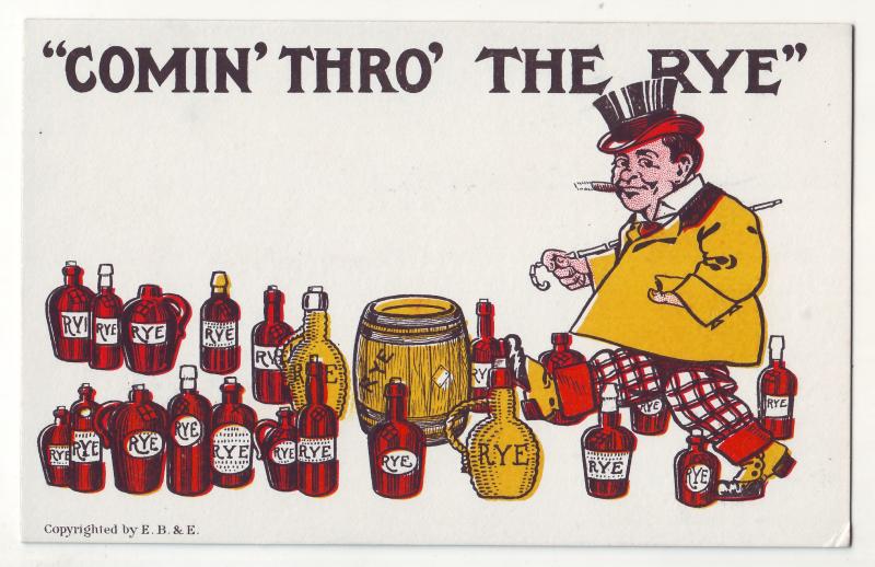 P681 JLs old comic card to much booze, comin thro the rye