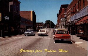 Hudson Massachusetts MA Classic 1960s Cars Street Scene Vintage Postcard