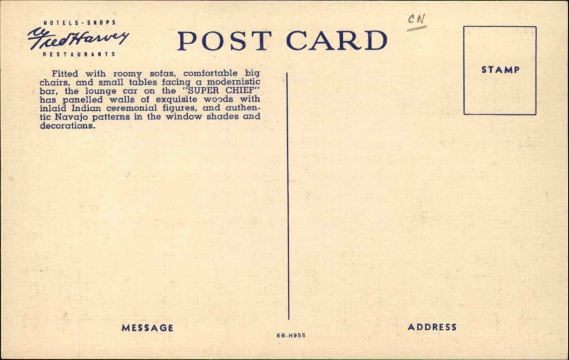 FRED HARVEY Santa Fe Super Chief RR Train Interior LINEN Postcard