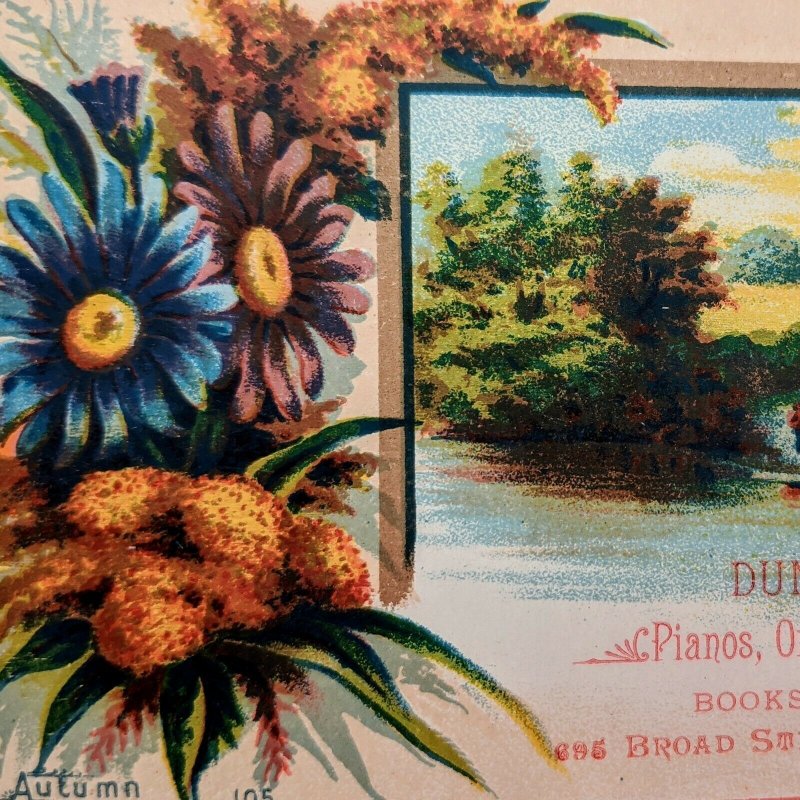 Antique 1882 Frank Vernon Autumn TRADE CARD Flower Lake Pianos Organs